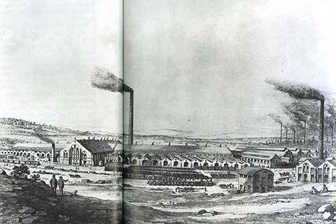 An artist’s impression of the plate glassworks at Cowley Hill, St Helens, in 1879.
